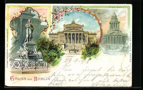 Lithographie Berlin, Schiller Denkmal, Königl. Schauspielhaus, Gendarmenmarkt