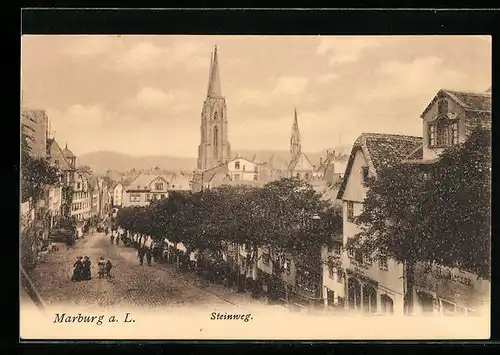 AK Marburg a. L., der Steinweg mit Kirche