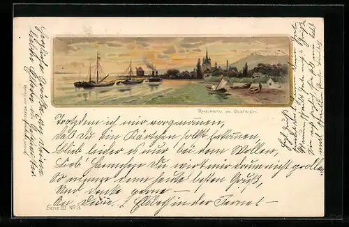 Lithographie Oestrich, Ortsansicht mit Gewässer und Booten