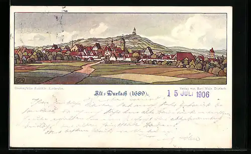 Lithographie Durlach, Ortsansicht mit Umland