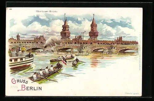 Lithographie Berlin-Friedrichshain, Oberbaum-Brücke mit Spree