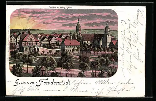 Lithographie Freudenstadt, Ortsansicht mit Kirche