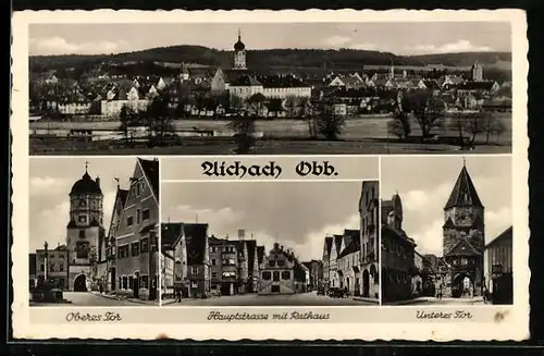 AK Aichach /Obb., Totalansicht, Oberes Tor, Hauptstrasse mit Rathaus