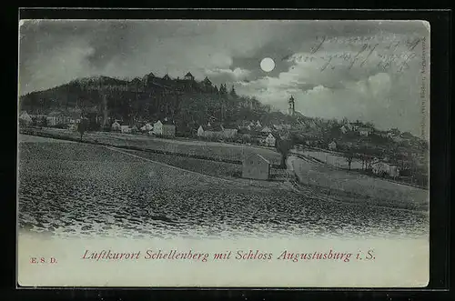 Mondschein-AK Schellenberg, Ortsansicht mit Schloss Augustusburg i. S.