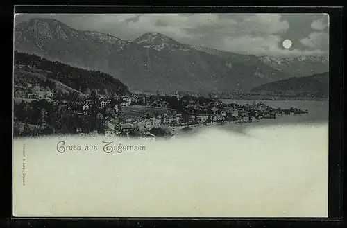 Mondschein-AK Tegernsee, Ortsansicht aus der Vogelschau