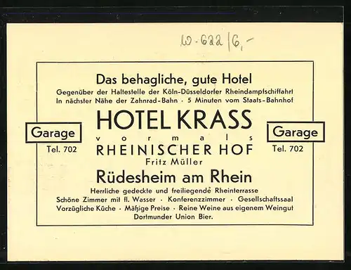 AK Rüdesheim a. Rh., Hotel Krass, vormals Rheinischer Hof