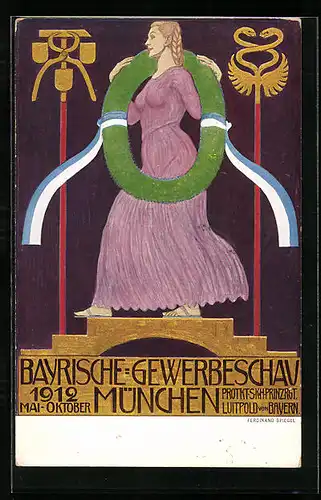 Künstler-AK Ferdinand Spiegel: München, Bayrische-Gewerbeschau 1912, Maid im lila Kleid