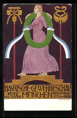 Künstler-AK Ferdinand Spiegel: München, Bayrische-Gewerbeschau 1912, Maid im lila Kleid