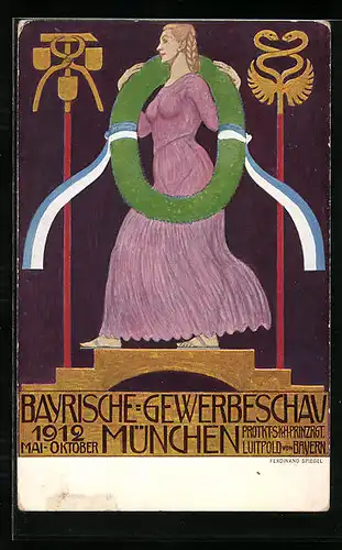 Künstler-AK Ferdinand Spiegel: München, Bayrische-Gewerbeschau 1912, Maid im lila Kleid, Hermesstab