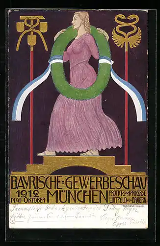 Künstler-AK Carl Moos: München, Bayrische-Gewerbeschau 1912, Maid im lila Kleid