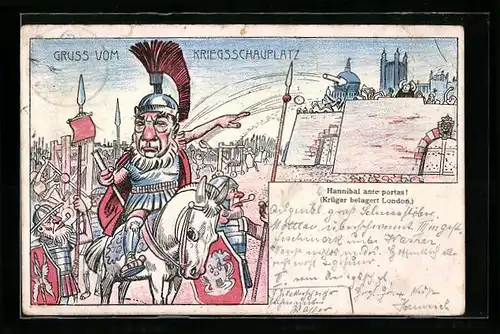 Lithographie Krüger dargestellt als römischer Legionär belagert London, Hannibal ante Portas!