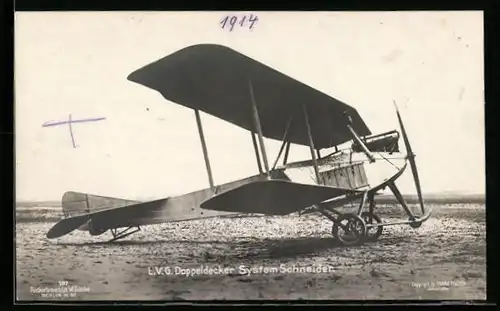 Foto-AK Sanke Nr. 187: Flugzeug, L. V. G. Doppeldecker System Schneider