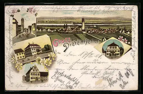 Lithographie Dietenheim, Ortsansicht mit Apotheke