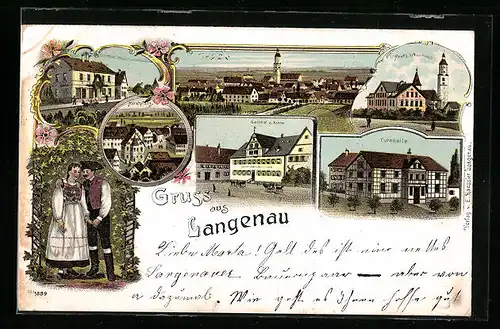 Lithographie Langenau, Gasthof z. Krone, Turnhalle, Neues Schulhaus