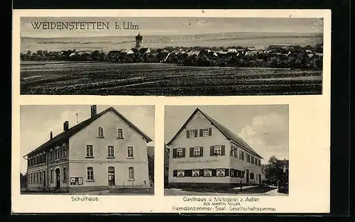 AK Weidenstetten b. Ulm, Ortsansicht, Schulhaus, Gasthaus z. Adler