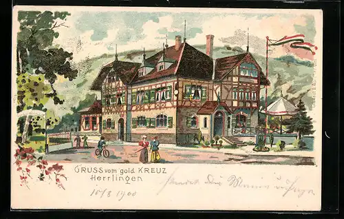 Lithographie Herrlingen, Gasthaus gold. Kreuz