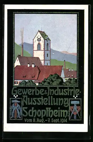 Künstler-AK Schopfheim, Gewerbe & Industrie-Ausstellung 1914, Teilansicht