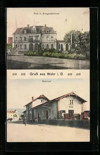 AK Wehr i. B., Bahnhof, Post m. Kriegerdenkmal