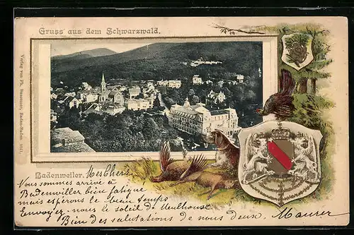 Passepartout-Lithographie Badenweiler /Schwarzwald, Ortsansicht aus der Vogelschau, Wappen, Jagdszene, Hund