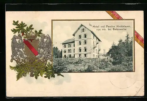Passepartout-Lithographie Badenweiler, Hotel u. Pension Hochblauen, Wappen