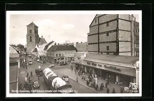 AK Berlin-Spandau, Carl-Schurz-Strasse mit Nicolaikirche