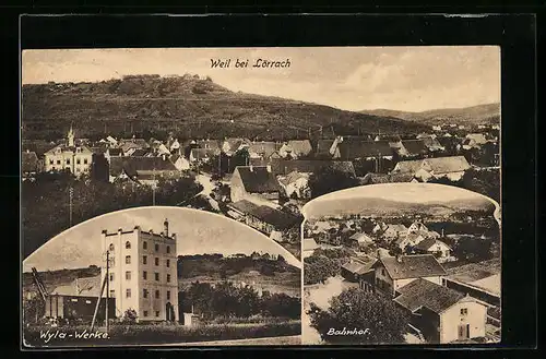 AK Weil bei Lörrach, Ortsansicht aus der Vogelschau, Wyla-Werke, Bahnhof