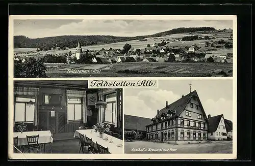 AK Feldstetten /Alb, Ortsansicht aus der Vogelschau, Gasthof u. Brauerei zur Post, Bes. Karl Autenrieth