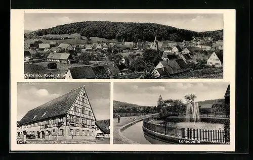AK Urspring /Kr. Ulm-D., Ortsansicht aus der Vogelschau, Gasthaus zum Hirsch, Bes. Familie Schmid, Lonequelle