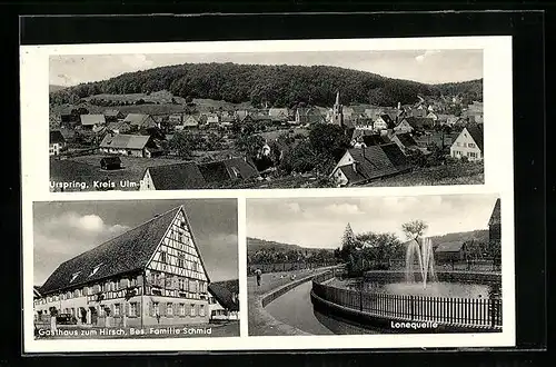AK Urspring /Kr. Ulm-D., Ortsansicht aus der Vogelschau, Gasthaus zum Hirsch, Bes. Familie Schmid, Lonequelle