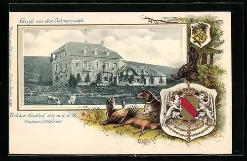 Passepartout-Lithographie Belchen /Schwarzwald, Blick auf den Gasthof, Bes. J. Stiefvater, Wappen, Jagdszene, Hund