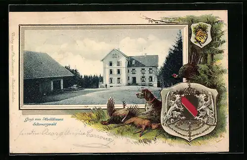 Passepartout-Lithographie Hochblauen /Schwarzwald, Gebäudeansicht, Wappen, Jagdszene, Hund
