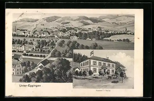 Künstler-AK Unter-Eggingen, Ortsansicht aus der Vogelschau, Gasthof 3 König