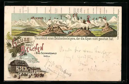 Lithographie Belchen, Gasthaus, Bes. Jos. Stiefvater, Berg mit Gesicht / Berggesichter