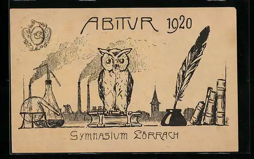 Künstler-AK Lörrach, Abitur 1920, Absolvia, Eule mit Tintenfass und Büchern