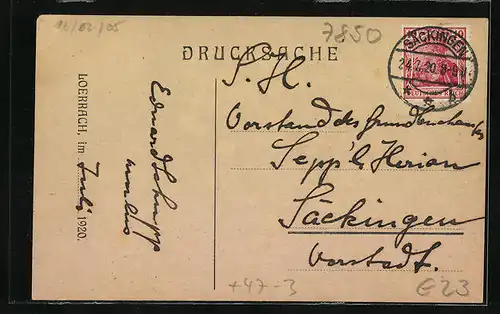Künstler-AK Lörrach, Abitur 1920, Absolvia, Eule mit Tintenfass und Büchern