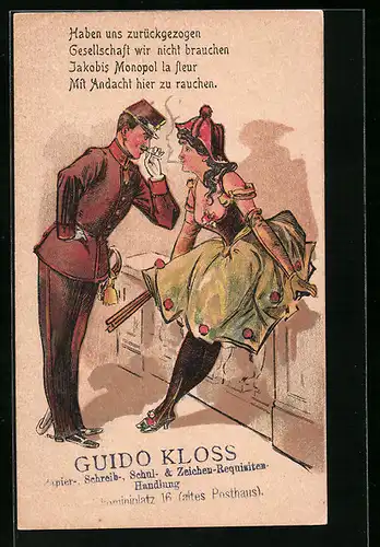 Künstler-AK Altes Posthaus, Faschingskostüme Mann mit Frau, Tabakgenuss