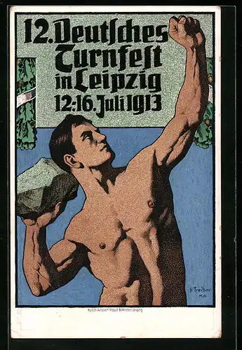 Künstler-AK Leipzig, XII. Deutsches Turnfest 12.-16. Juli 1913, Athlet stösst seinen Stein