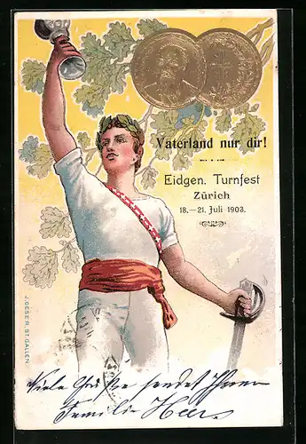 Künstler-Präge-AK Zürich, Eidgen. Turnfest 18.-21. Juli 1903, Jüngling hebt den Siegespokal in die Höhe, goldene Münzen