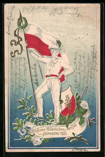 Präge-Lithographie Nürnberg, 10. Deutsches Turnfest 1903, Fahnenträger mit Wappen und Siegeskranz