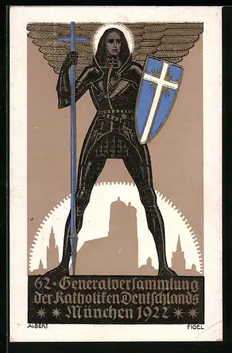 Künstler-AK München, 62. Generalversammlung der katholiken Deutschlands 1922, Engel in Rüstung mit Wappenschild