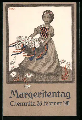 Künstler-AK Chemnitz, Mädchen in Tracht mit Korb voller Blumen zum Margeritentagam 28. Februar 1911