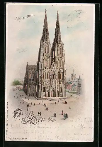 Lithographie Köln am Rhein, Passanten auf dem Vorplatz zum Dom, Halt gegen das Licht