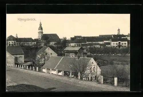AK Königsbrück, Blick über die Wohnhäuser zur Kirche hin