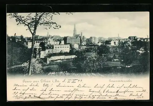 AK Löbau i. Sa., Gesamtansicht der Stadt mit Blick zum Kirchturm