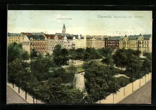 AK Chemnitz, die Lutherkirche vom Rosenplatz aus dem Westen gesehen