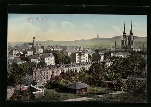 AK Oelsnitz i. V., Blick über die Stadt zur Kirche hin