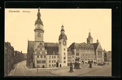 AK Chemnitz, Reiterdenkmal vor dem Rathaus