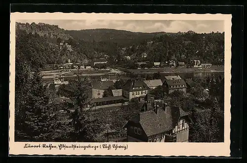 AK Rathen, Blick über die Ortschaft im Elbsandsteingebirge, Gasthaus Zum bahnhof