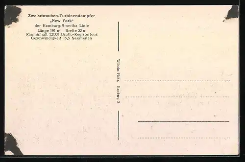 AK Passagierschiff New York, der Zweischrauben-Turbinendampfer der Hamburg-Amerika Linie