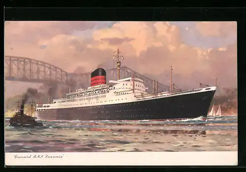 Künstler-AK Passagierschiff Cunard R.M.S. Saxonia, von einem kleinen Schiff begleitet